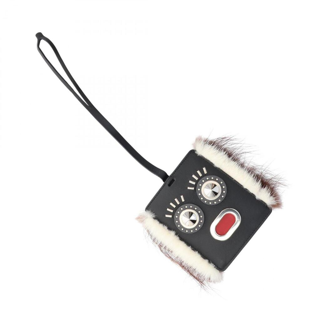Fendi Monster Pass Case Charm Accessory Leather Fur Women's Black Multicolor